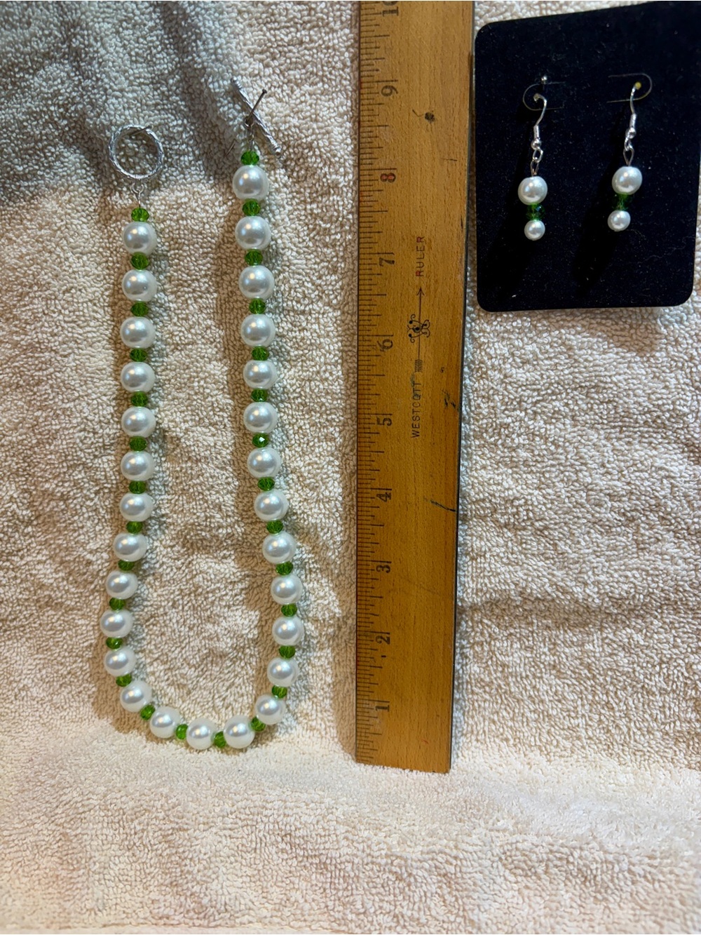 White Pearl, Crystal Green Necklace & Earrings Set.  NWOT
